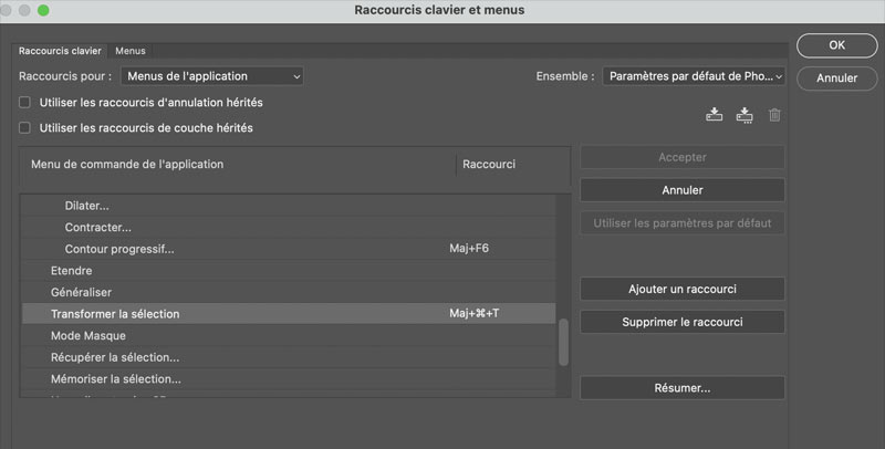 Exemple de création d'un raccourci clavier sous Photoshop